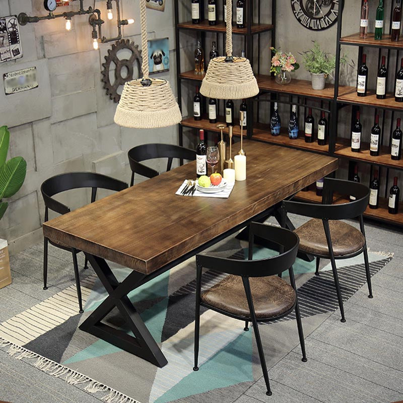 Industrial Coffee Shop Dining Table Rectangle Wood and Metal Base Dining Table
