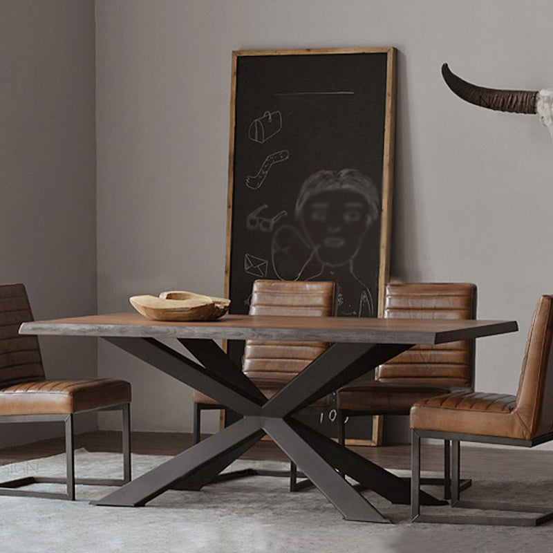Solid Wood Brown Dining Table Industrial Black Frame Dining Room Table