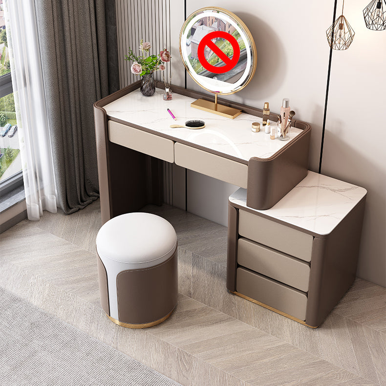 29.53" H Wood/Stone Vanity Table Stool Set 2/5 Drawers Dresser in Brown