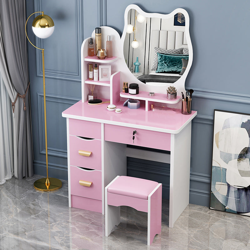 4 Drawers 31.5" Wide Vanity Set Nordic Wood Dressing Table with Stool and Mirror