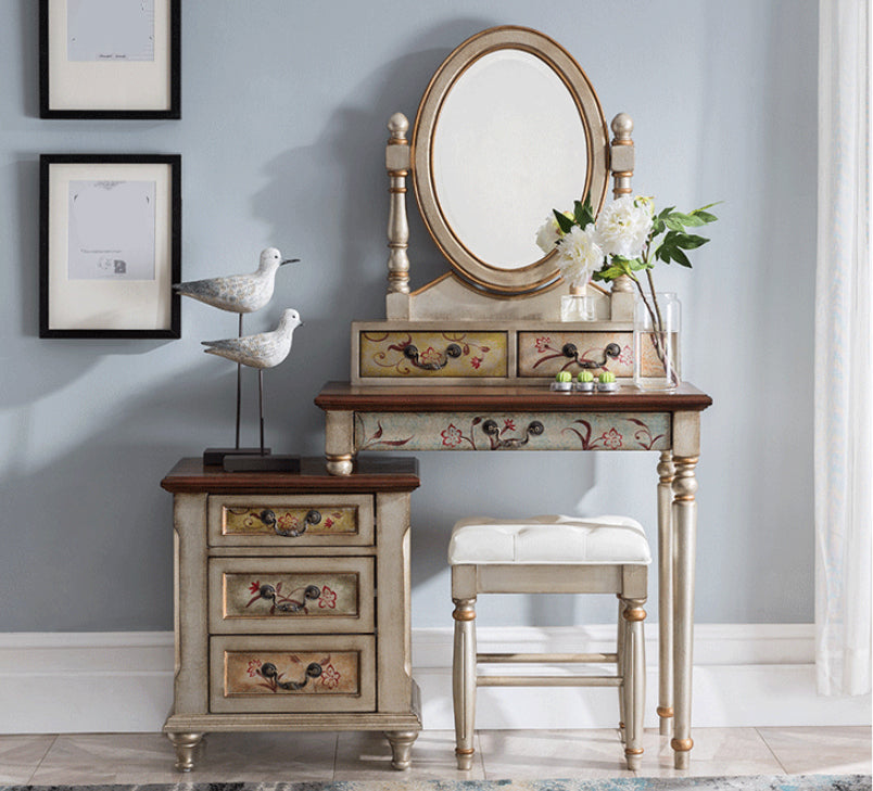 Victorian Wood Vanity Table with Mirror and Stool 15.75" D Vanity Table Set