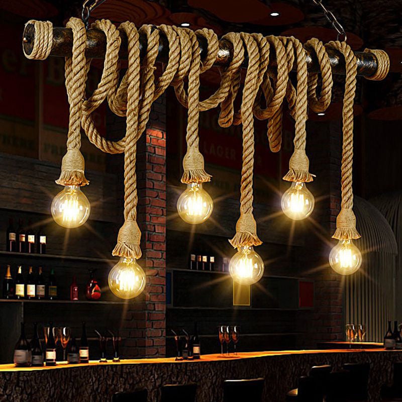 Farmhouse Dining Room Lighting Exposed Bulb Island Lamp with Rope