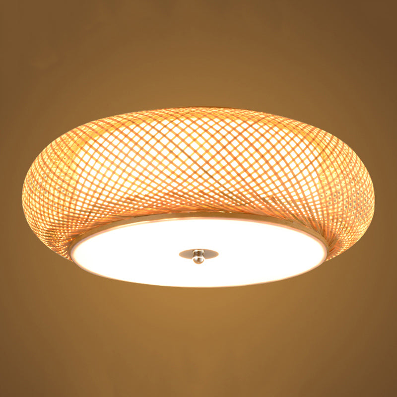 Asian Bamboo Flush Mount Lighting Rounded Drum Ceiling Lamp for Living Room