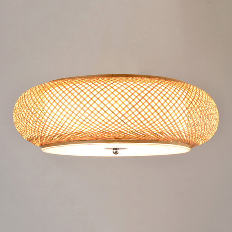 Asian Bamboo Flush Mount Lighting Rounded Drum Ceiling Lamp for Living Room