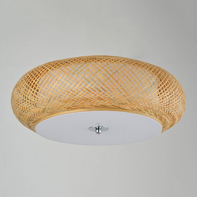 Asian Bamboo Flush Mount Lighting Rounded Drum Ceiling Lamp for Living Room