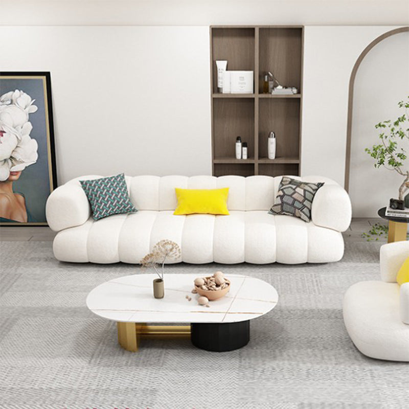 White Recessed Arm Curved Sofa Wool Sofa with Sewn Pillow Back