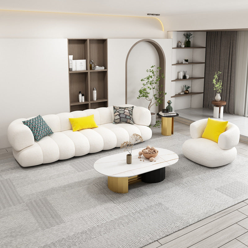 White Recessed Arm Curved Sofa Wool Sofa with Sewn Pillow Back