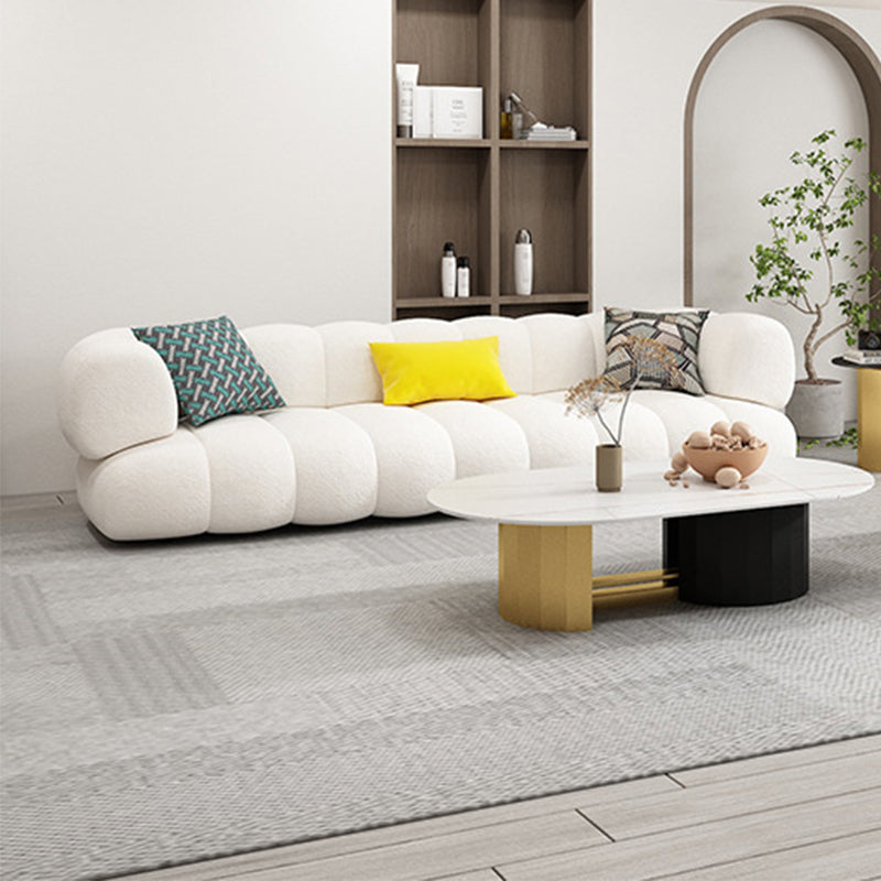 White Recessed Arm Curved Sofa Wool Sofa with Sewn Pillow Back