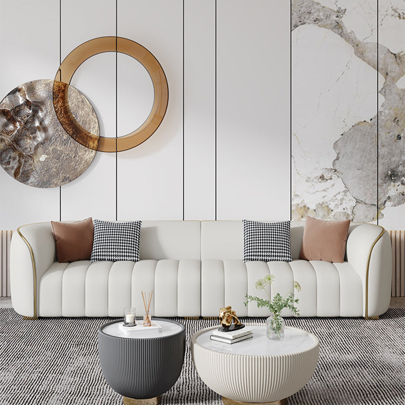 Genuine Leather Sloped Arm Sofa Modern Beige Sofa with Pillows