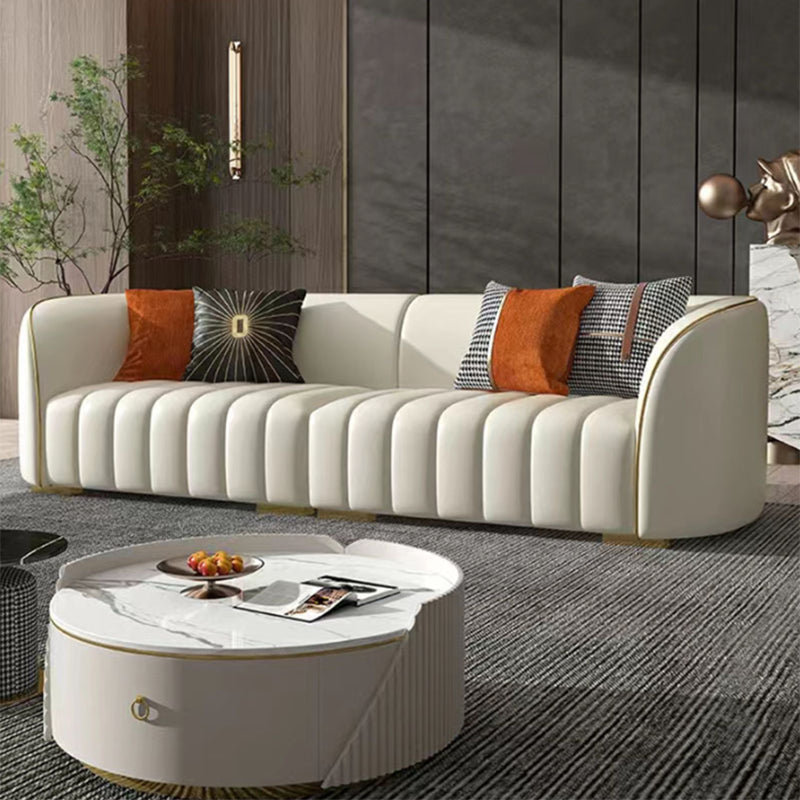 Genuine Leather Sloped Arm Sofa Modern Beige Sofa with Pillows
