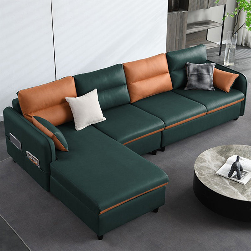 Faux Leather Sectional with 4 Pillows Back and Storage Arms for Living Room