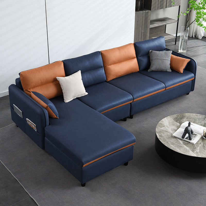 Faux Leather Sectional with 4 Pillows Back and Storage Arms for Living Room