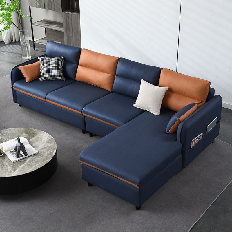 Faux Leather Sectional with 4 Pillows Back and Storage Arms for Living Room