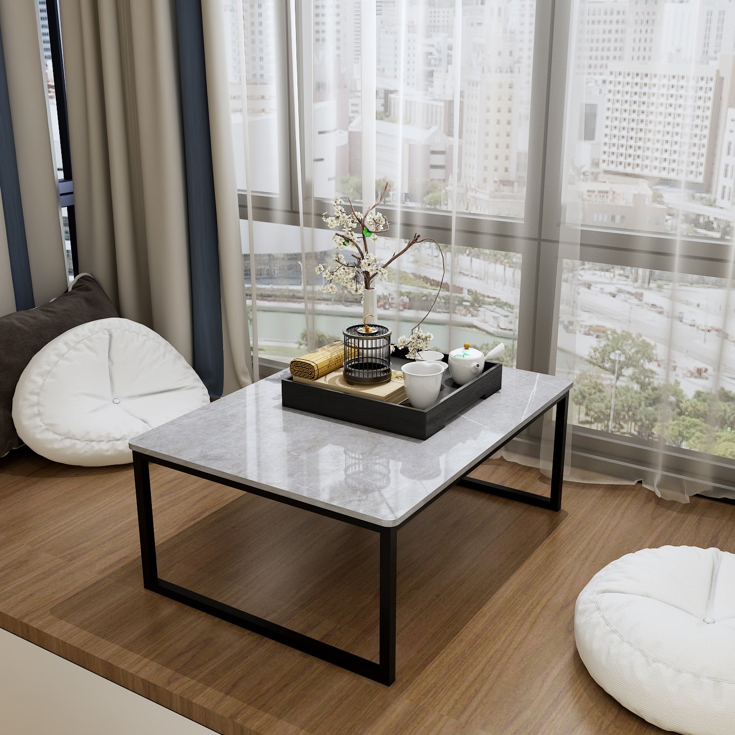Glam Sled Coffee Table Set Slate Rectangular Coffee Table for Home