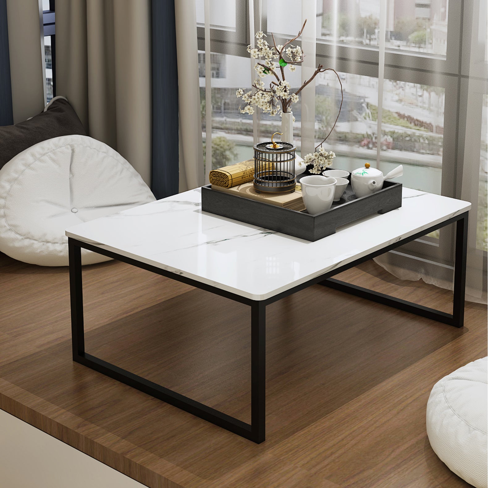 Glam Sled Coffee Table Set Slate Rectangular Coffee Table for Home