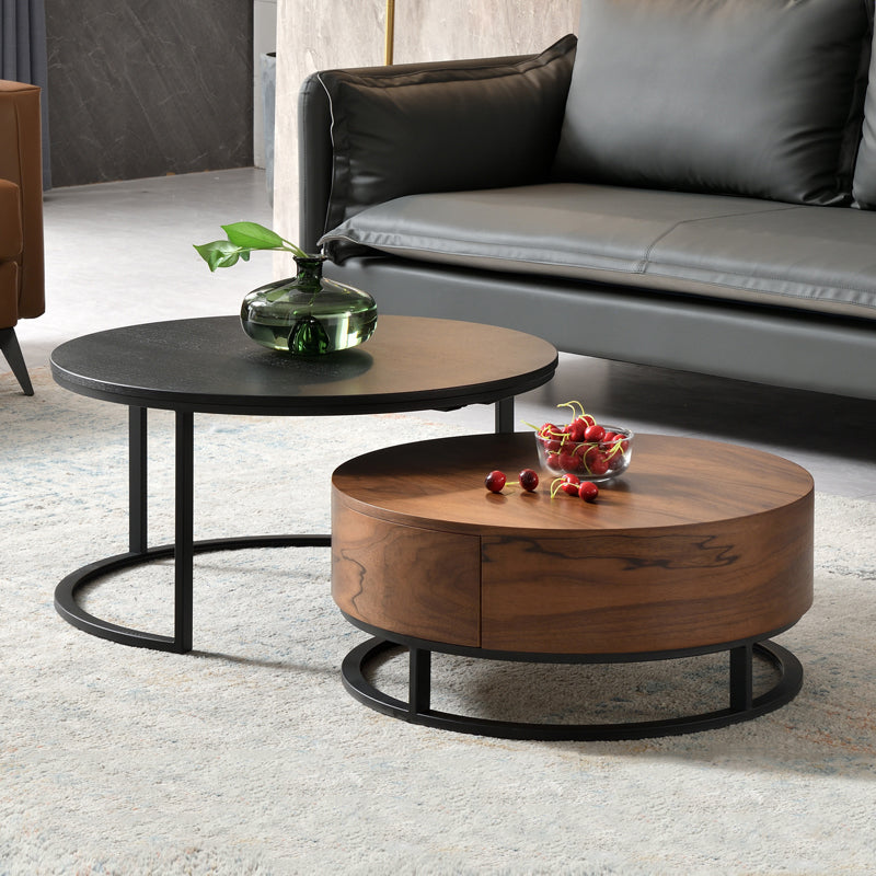 Nordic Style Round Frame/drum Base Solid Wood Table with Drawer Coffee Table