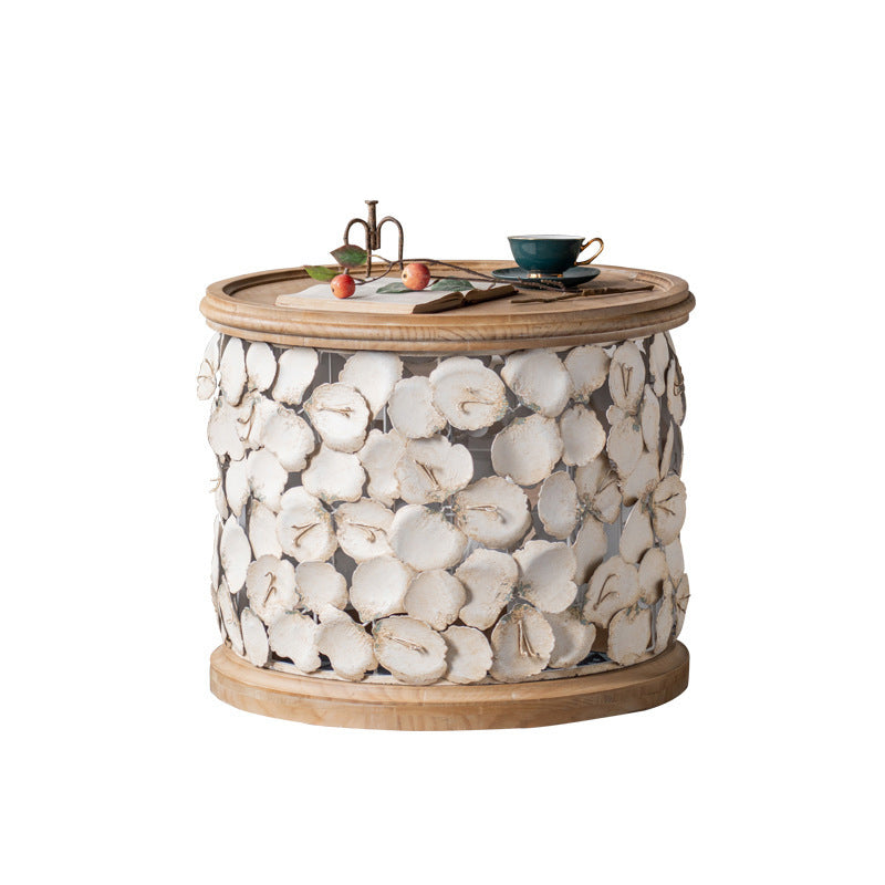 French Country Wood Round Tray Coffee Table Iron Drum Cocktail Table