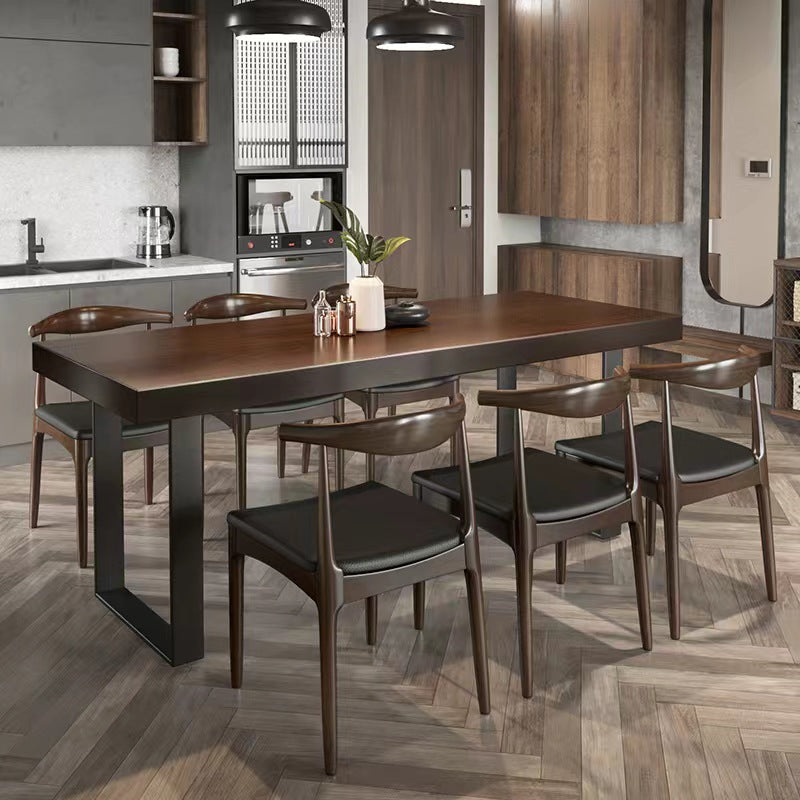 Brown Solid Wood Top Table Rectangle Black Iron Sled Base Dining Table