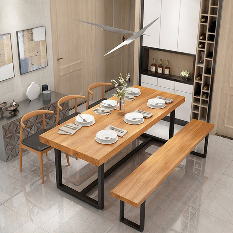 Natural Pine Wood Top Table Rectangle Black Iron Trestle Base Dining Table without Chair