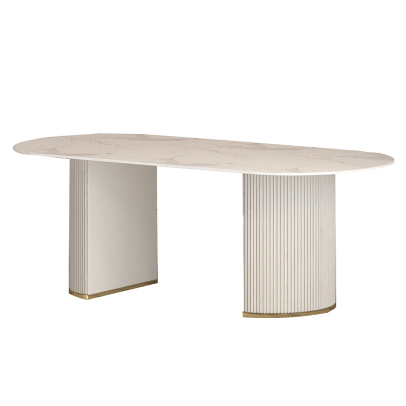 Modern Oval Dining Site Table Stone and Metal White Base Dinner Room Kitchen Table