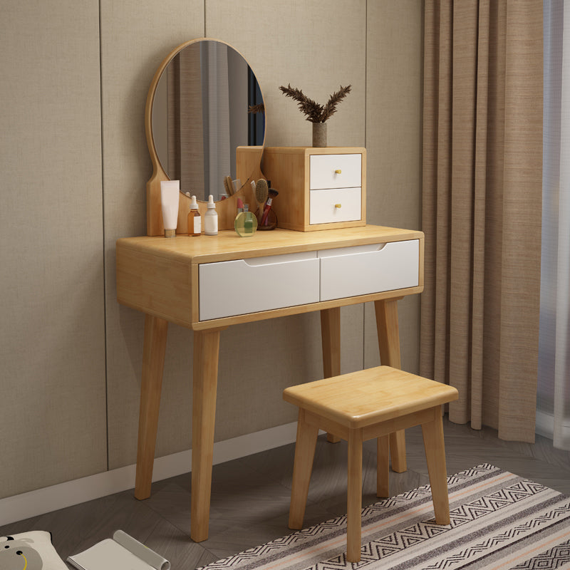 4 Drawer & Mirror Makeup Vanity Desk Rubber Wood Dressing Table