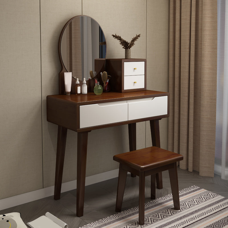 4 Drawer & Mirror Makeup Vanity Desk Rubber Wood Dressing Table