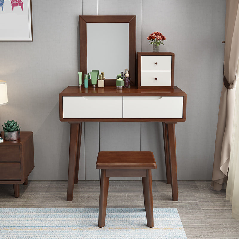Mirrored Wood Makeup Dressing Table Stool Set with 4 Drawers