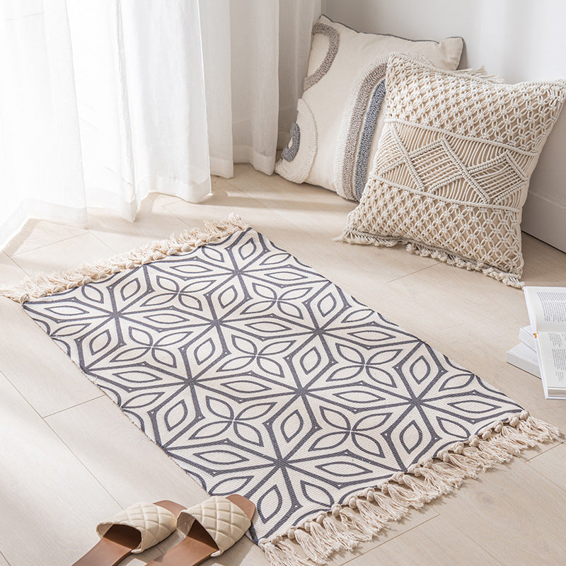 Calming Tribal Print Rug Cotton Fringe Carpet Pet Friendly Indoor Rug for Living Room