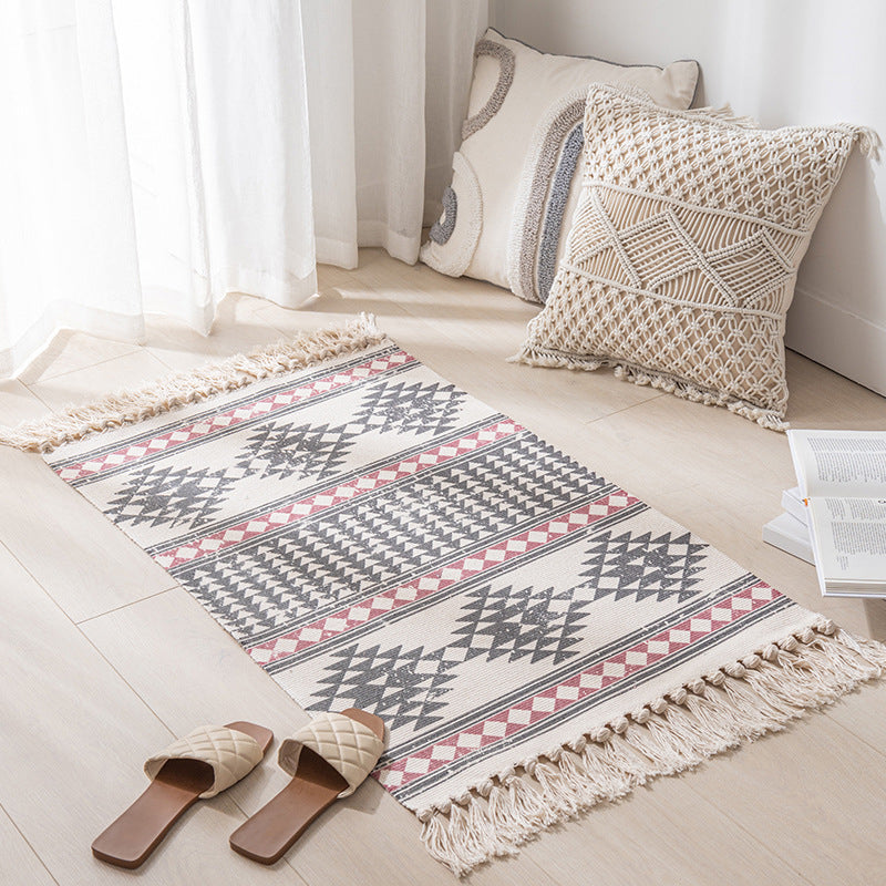 Calming Tribal Print Rug Cotton Fringe Carpet Pet Friendly Indoor Rug for Living Room