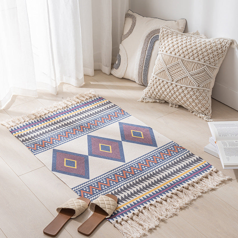 Calming Tribal Print Rug Cotton Fringe Carpet Pet Friendly Indoor Rug for Living Room