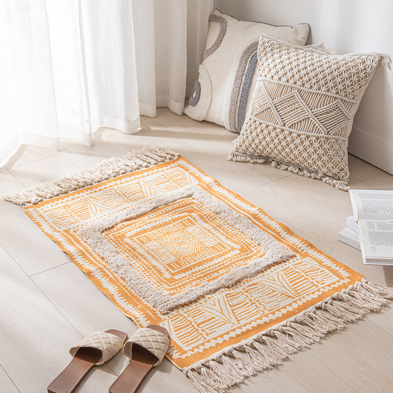 Calming Tribal Print Rug Cotton Fringe Carpet Pet Friendly Indoor Rug for Living Room