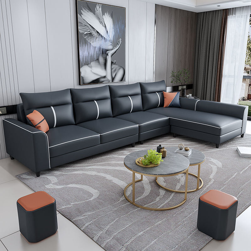 Modern Faux Leather Sectional with Chaise and Pillow Back for Living Room