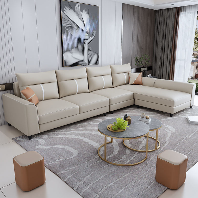 Modern Faux Leather Sectional with Chaise and Pillow Back for Living Room
