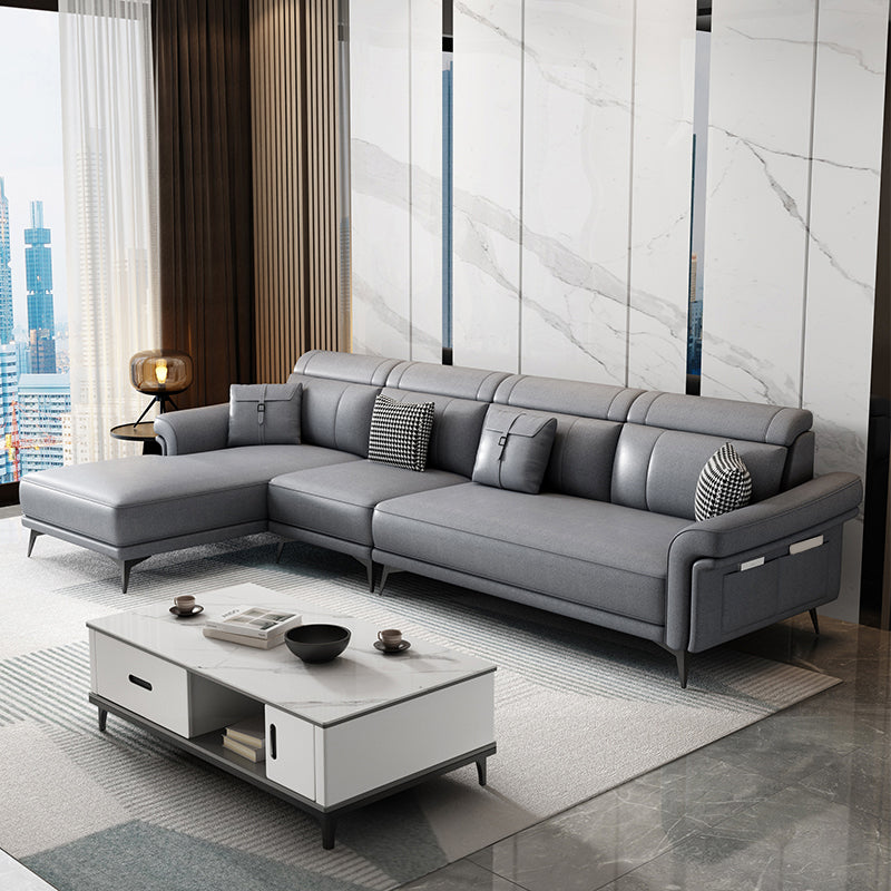 Faux Leather 4-Seater Sectional with Flared Arms and Storage for Living Room