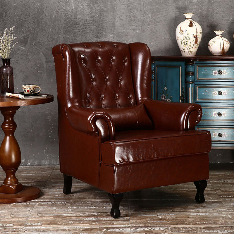 Mid-century Modern 33.46" Wide Leather Tufted Back Rolled Arms Chair