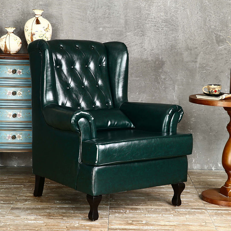 Mid-century Modern 33.46" Wide Leather Tufted Back Rolled Arms Chair