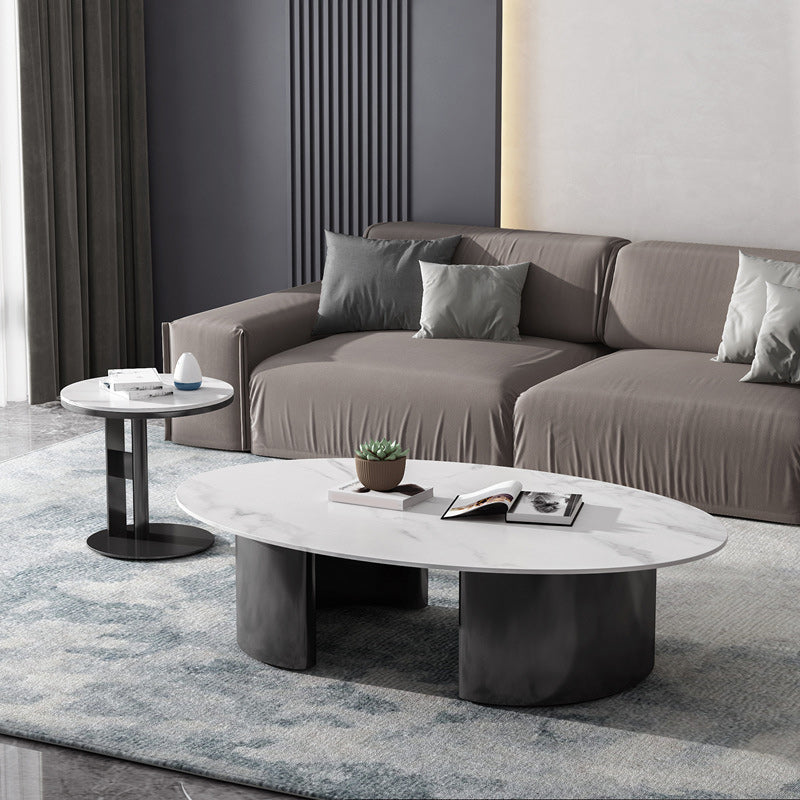 Glam 15.7" H Oval Slate Coffee Table Iron 2 Legs Cocktail Table