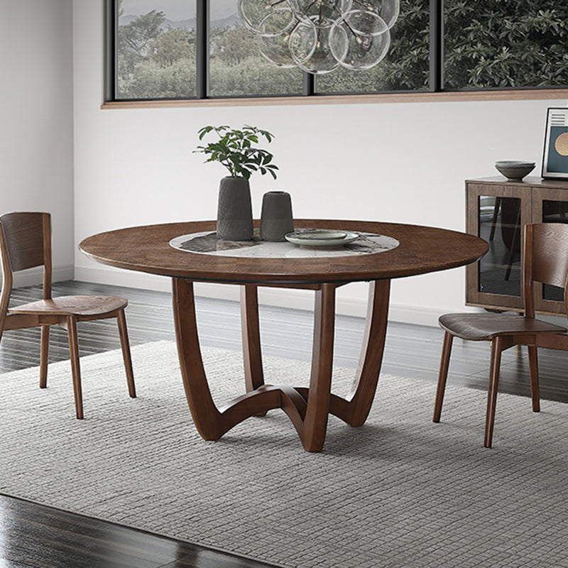 Brown Solid Wood Dining Table Turntable Furniture with Pedestal Base for Home