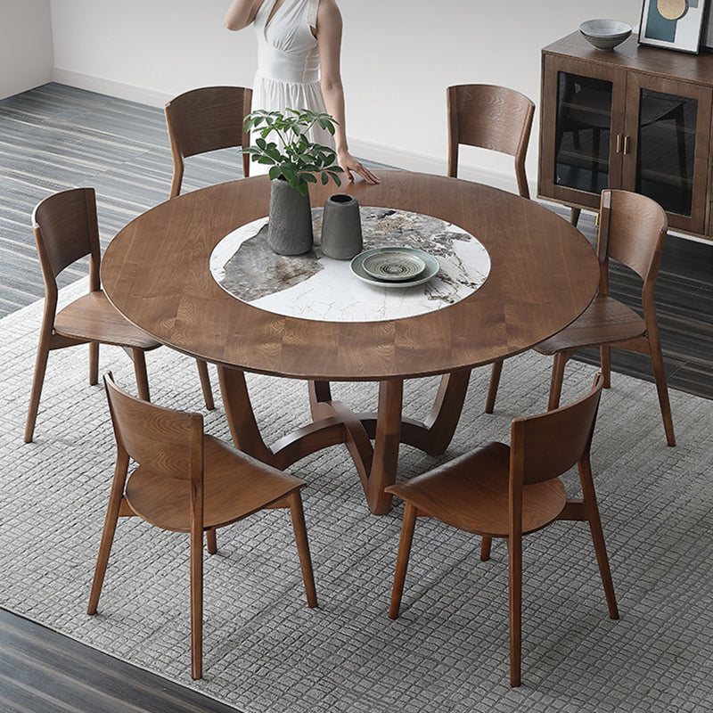 Brown Solid Wood Dining Table Turntable Furniture with Pedestal Base for Home