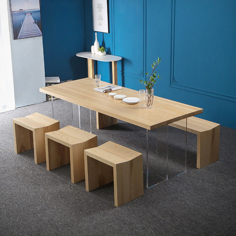 Pine Solid Wood Dining Table Rectangle Dining Table with Double Pedestal Base