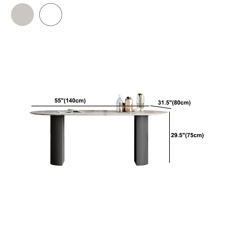 Oval Dining Table Stone Dining Table in White Top with Double Pedestal
