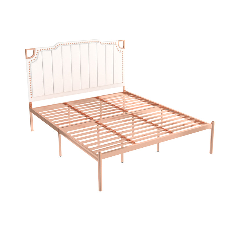 Iron Bed with Faux Leather Stepped Headboard and Nailhead Trim