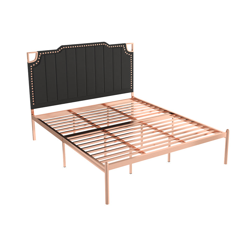 Iron Bed with Faux Leather Stepped Headboard and Nailhead Trim