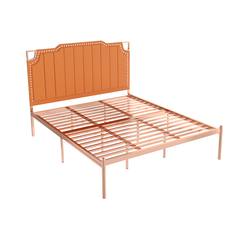 Iron Bed with Faux Leather Stepped Headboard and Nailhead Trim