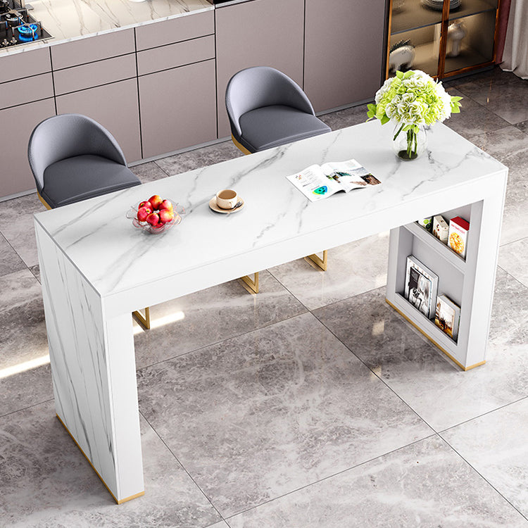 Glossy White Stone Bistro Table with Double Pedestal Contemporary Pub Table for Home