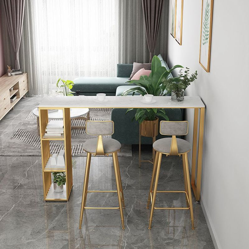 Bar Height Pub Table with 3 Storage Shelves Rectangle White Marble Top Bistro Table