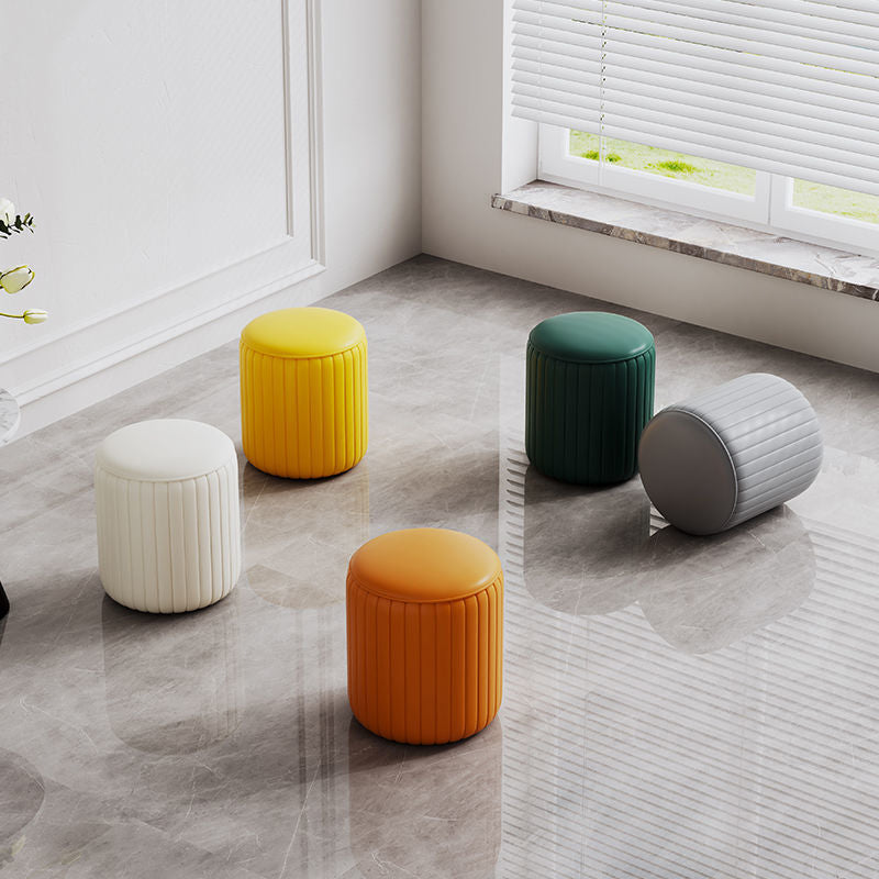 Contemporary Footstool Ottoman PU Leather Upholstered Solid Color Round Ottoman
