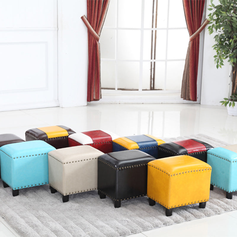 Modern Rectangle Pouf Ottoman Faux Leather Chair Ottoman With Nailhead Trim