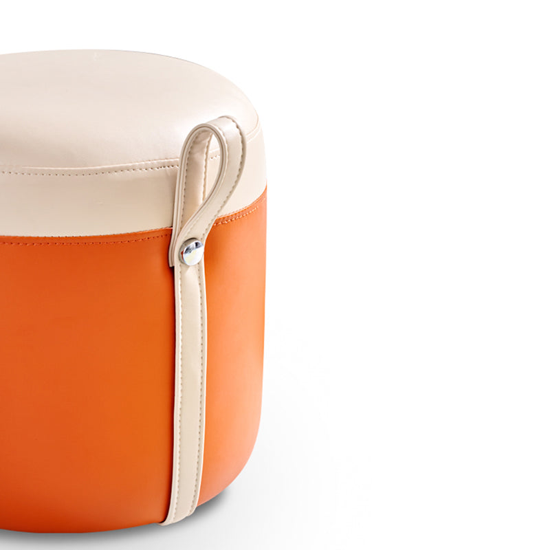 Modern Ottoman Contrast Panel Genuine Leather Indoor Round Pouf