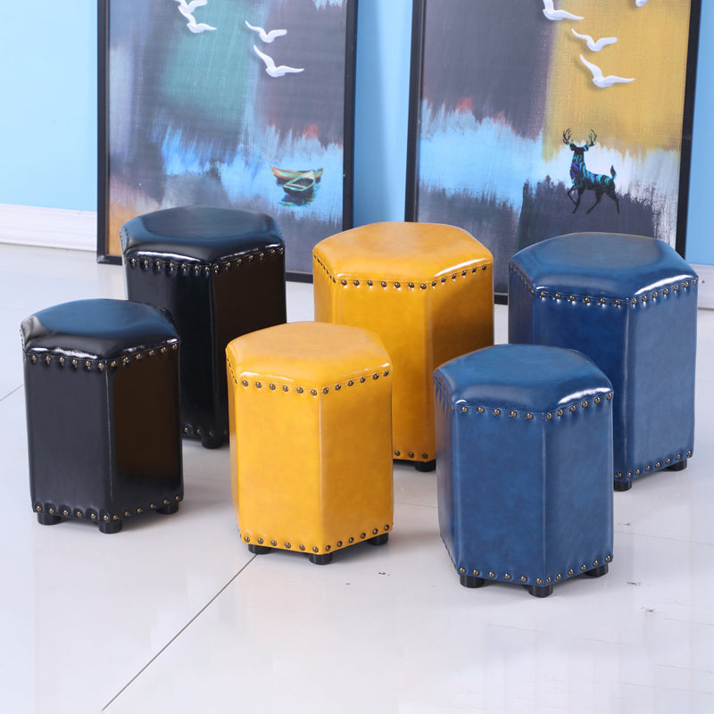 Modern Hexagon Pouf Ottoman Plain Leather Chair Ottoman With Nailhead Trim